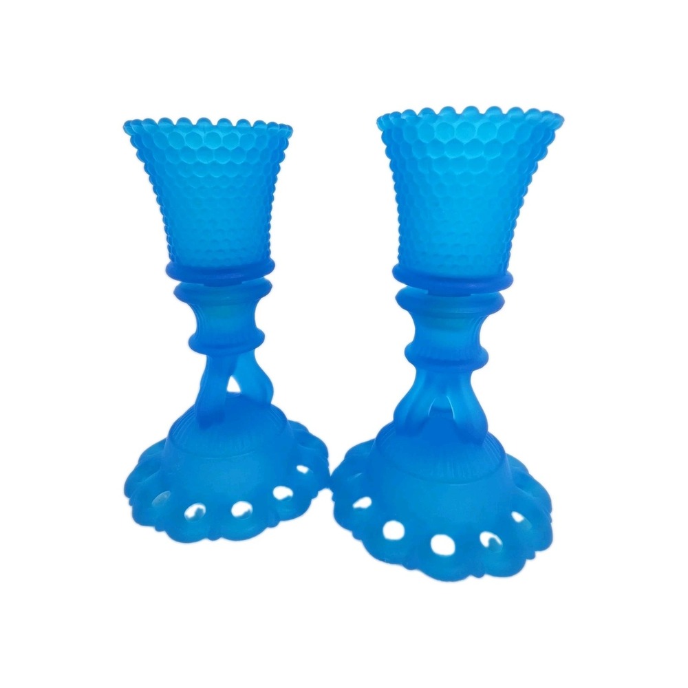 Vintage Westmoreland Blue Satin Glass Candlesticks Doric Open Lace Retro 1960s